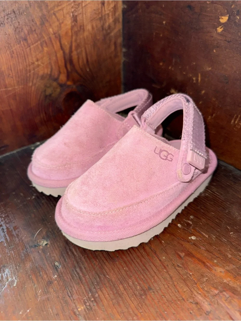 UGG Kids Pink Suede Backstrap Clog Sandals